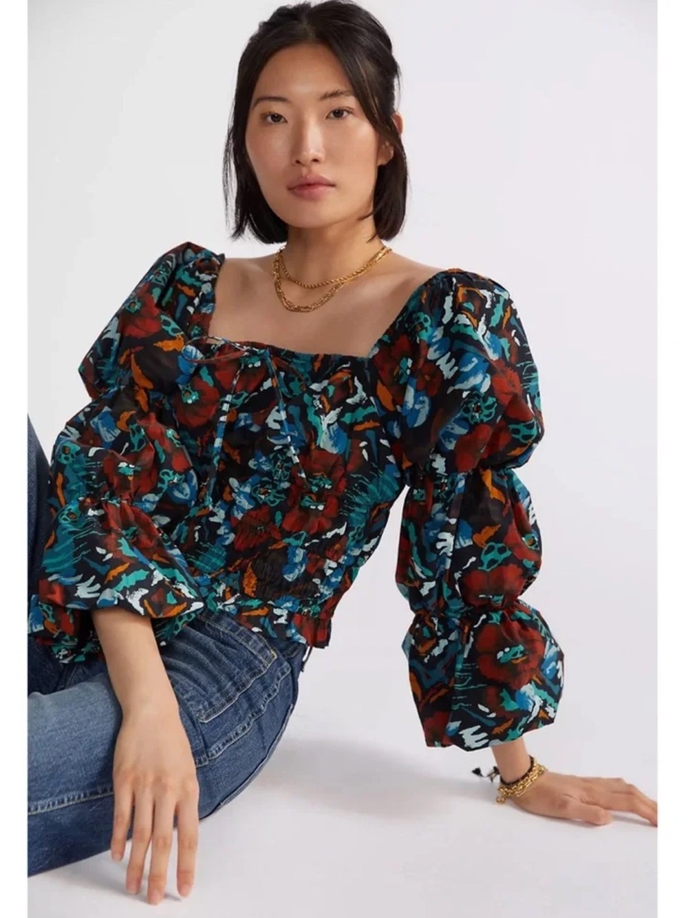 Anthropologie Porridge Tiered Poplin Blouse in Blue Floral M Smock Square Neck